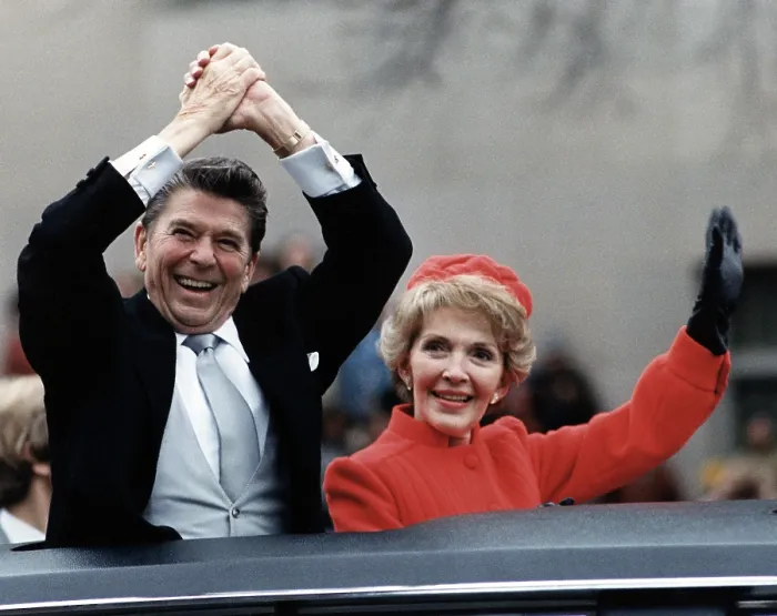 Framed Print : President Ronald Reagan and First Lady Nancy Reagan waving from the limousine during the Inaugural Parade in Washington, D.C. on Inauguration Day, 1981