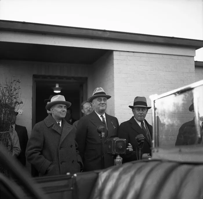 Framed Print : President Roosevelt and Brain Truster, Rex Tugwell at Greenbelt, Maryland, the first of the New Deal's planned communities authorized by the Federal Emergency Relief Act