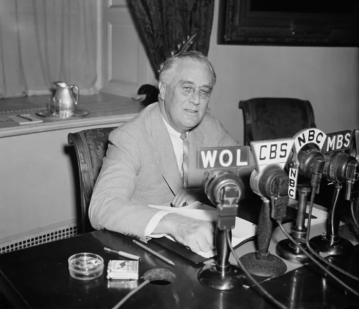 Framed Print : President Roosevelt broadcasting a Fireside Chat on May 26, 1940. He spoke of the World situation as Nazi armies advanced through Western Europe and of U.S