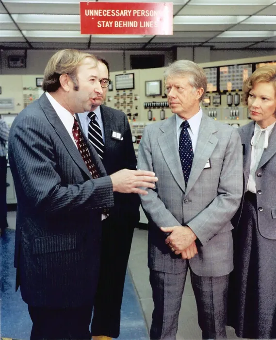 Framed Print : President and Rosalynn Carter in the Control Room of Three Mile Island Nuclear Generating Station four days after the partial meltdown of Unit 2 reactor. April 1 1979
