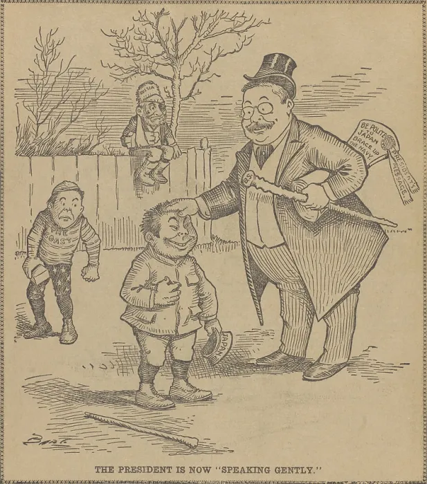 Framed Print : THE PRESIDENT IS NOW SPEAKING GENTLY, political cartoon by Charles Lewis Bartholomew, 1904-08
