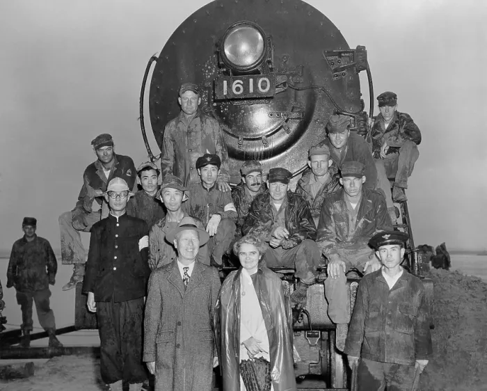 Framed Print : President Syngman Rhee, and Mrs. Rhee with US Army engineers and Korean train crew Framed Print : President Syngman Rhee, and Mrs. Rhee with US Army engineers and Korean train crew