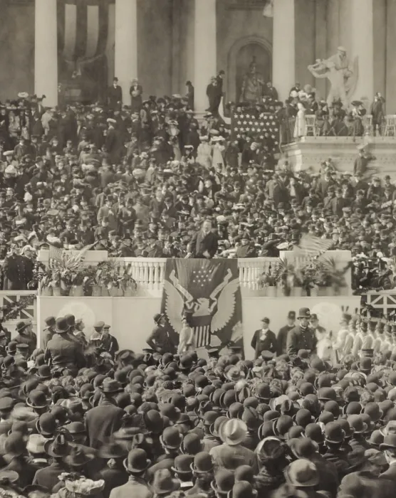 Framed Print : President Theodore Roosevelt delivering his inaugural address at US Capitol, March 4, 1905. Detail of larger photo (BSLOC_2016_14_160)