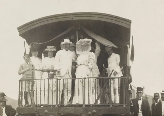 Framed Print : President Theodore Roosevelt, with Edith and others on back of train at Panama Canal
