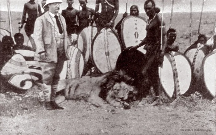 Framed Print : President Theodore Roosevelt (front left), with native beaters and lion killed with spear, original title: President Theodore Roosevelt in Africa Framed Print : President Theodore Roosevelt (front left), with native beaters and lion killed with spear, original title: President Theodore Roosevelt in Africa