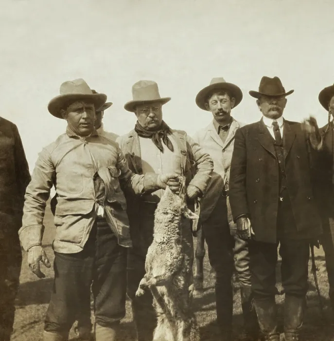 Framed Print : President Theodore Roosevelt and his hunting companions near Frederick, Oklahoma, April 8-13, 1905. John R. Abernathy is holding a live coyote by the jaw