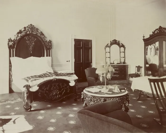 Framed Print : President Theodore Roosevelt room in the White House, in 1902. The interior is minimally decorated with dark carved wood furnishings (BSLOC_2017_6_77) Framed Print : President Theodore Roosevelt room in the White House, in 1902. The interior is minimally decorated with dark carved wood furnishings (BSLOC_2017_6_77)