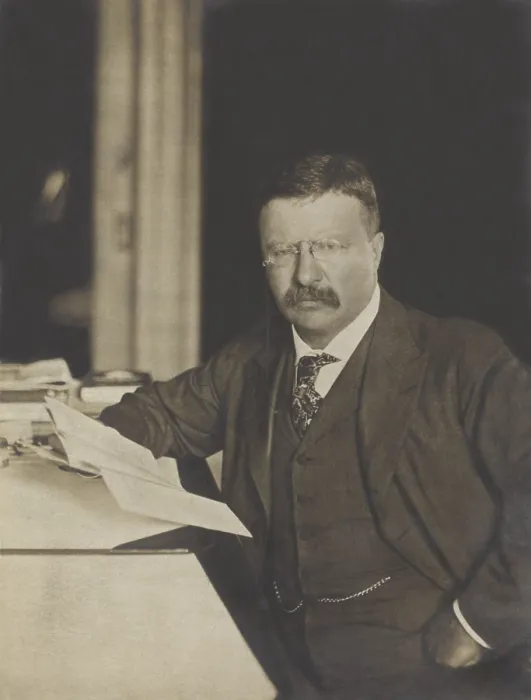 Framed Print : President Theodore Roosevelt, seated at his desk, holding papers, 1904 (BSLOC_2017_4_59)