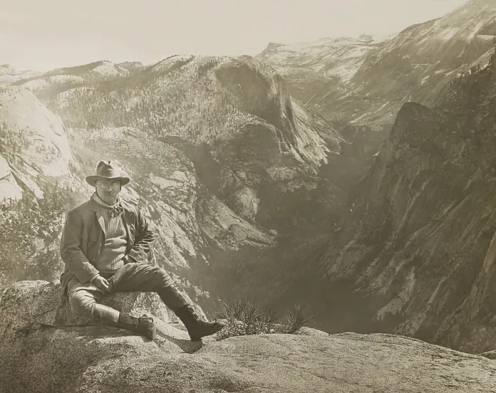 Framed Print : President Theodore Roosevelt sitting on large stone, Glacier Point at Yosemite, May 17, 1903