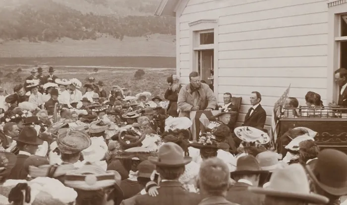 Framed Print : President Theodore Roosevelt speaking in front of a school house at Divide Creek, Colorado. April 26, 1905 (BSLOC_2017_4_87) Framed Print : President Theodore Roosevelt speaking in front of a school house at Divide Creek, Colorado. April 26, 1905 (BSLOC_2017_4_87)