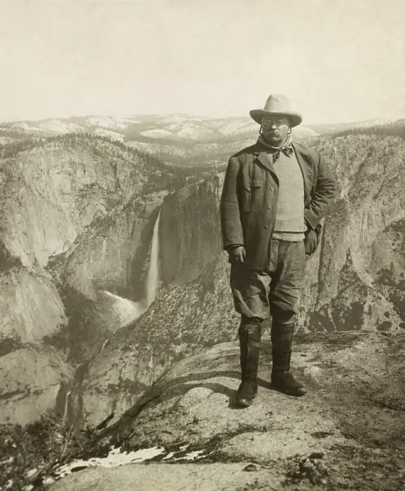 Framed Print : President Theodore Roosevelt standing on Glacier Point at Yosemite, May 17, 1903. This is a companion photo to TRs portrait with naturalist John Muir (BSLOC_2017_4_78)