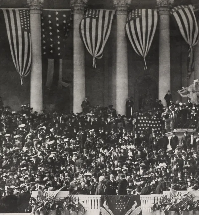 Framed Print : President Theodore Roosevelt is sworn in for his second term by Chief Justice Melville Fuller. March 4, 1905. Detail of photograph (BSLOC_2016_14_156) Framed Print : President Theodore Roosevelt is sworn in for his second term by Chief Justice Melville Fuller. March 4, 1905. Detail of photograph (BSLOC_2016_14_156)
