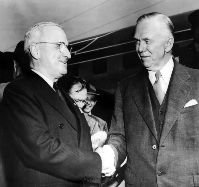Framed Print : President Truman greets Secretary of State George C. Marshall at National Airport, 10 / 9 / 48. Courtesy: CSU Archives / Everett Collection Framed Print : President Truman greets Secretary of State George C. Marshall at National Airport, 10 / 9 / 48. Courtesy: CSU Archives / Everett Collection