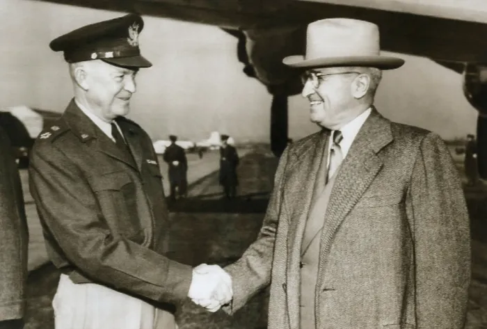 Framed Print : President Truman seeing Gen. Dwight Eisenhower off to Paris, where he would begin organizing NATO, the new Euro-American Anti-Communist military alliance Framed Print : President Truman seeing Gen. Dwight Eisenhower off to Paris, where he would begin organizing NATO, the new Euro-American Anti-Communist military alliance