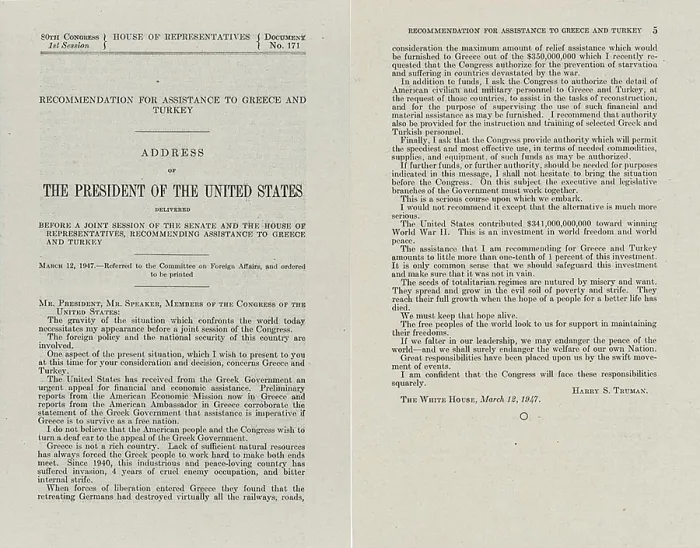 Framed Print : President Truman's Message to Congress, Recommending Assistance to Greece and Turkey. The March 12, 1947 address would become known as the Truman Doctrine