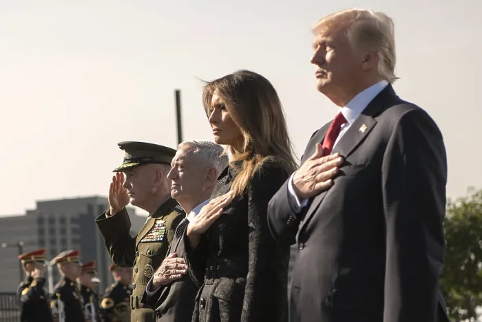 Framed Print : President Trump during the 9 / 11 Observance Ceremony at the Pentagon, Sept. 11, 2017. Standing in salute, R-L: President Donald Trump, First Lady Melania Trump, Defense Sec