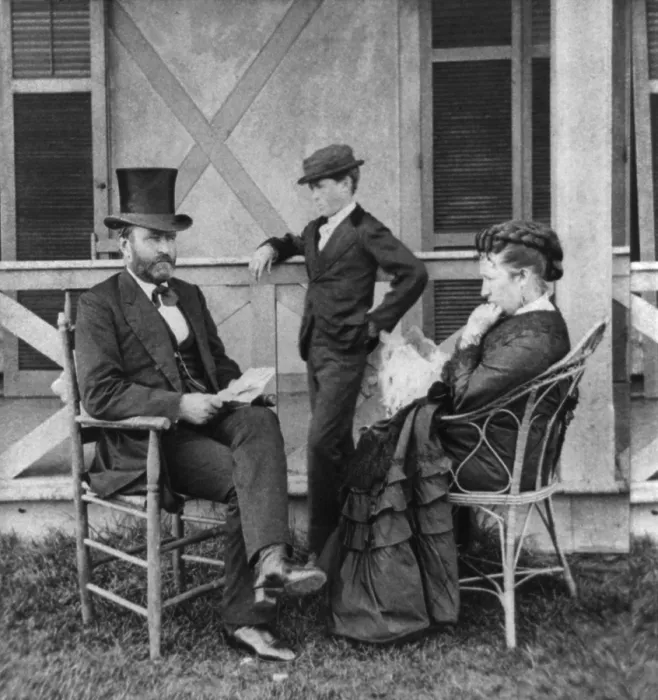Framed Print : President Ulysses Grant seated on porch with his wife, Julia, and youngest son, Jesse. Long Branch, N.J. in 1872 (BSLOC_2016_14_54)