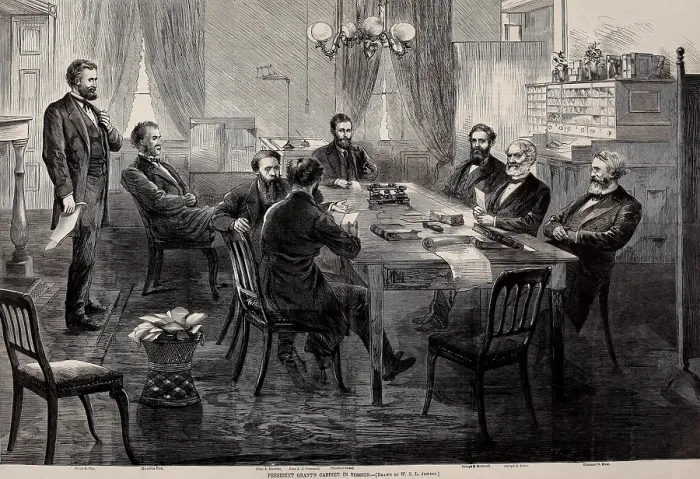 Framed Print : President Ulysses Grants first cabinet in session, c. April 1868. L-R: Jacob Cox, Interior; Hamilton Fish, State; John Rawlins, War; John A. J