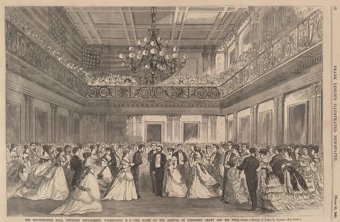 Framed Print : President Ulysses S. Grant and wife Julia arriving at the Inauguration Ball, March 4, 1869. Wood engraving of the general scene at the Treasury Department (BSLOC_2016_14_130)