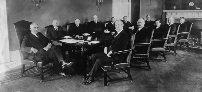 Framed Print : President Warren Harding (1865-1923) with his Cabinet in their first meeting followng his inauguration in 1921. Next to Harding is his Sec. of Treasury, Andrew Mellon, and Sec