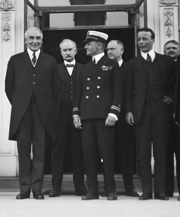 Framed Print : President Warren Harding and group including men involved in Teapot Dome Scandal. Behind Harding are Albert Fall and Harry Daugherty. At far right is Asst Framed Print : President Warren Harding and group including men involved in Teapot Dome Scandal. Behind Harding are Albert Fall and Harry Daugherty. At far right is Asst