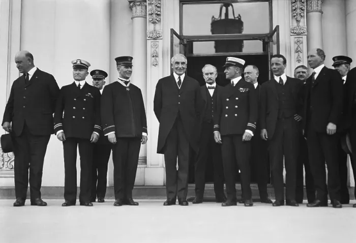 Framed Print : President Warren Harding and a group including men involved in Teapot Dome Scandal. At far left is Navy Secretary Edwin Denby who mismanaged the Teapot Dome Naval Oil Reserve Framed Print : President Warren Harding and a group including men involved in Teapot Dome Scandal. At far left is Navy Secretary Edwin Denby who mismanaged the Teapot Dome Naval Oil Reserve