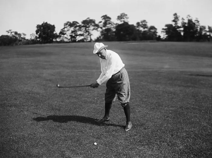 Framed Print : President Warren Harding played golf twice a week. He hit his shots quickly and walked rapidly to the next tee. Ca. 1915-23 (BSLOC_2015_15_52)