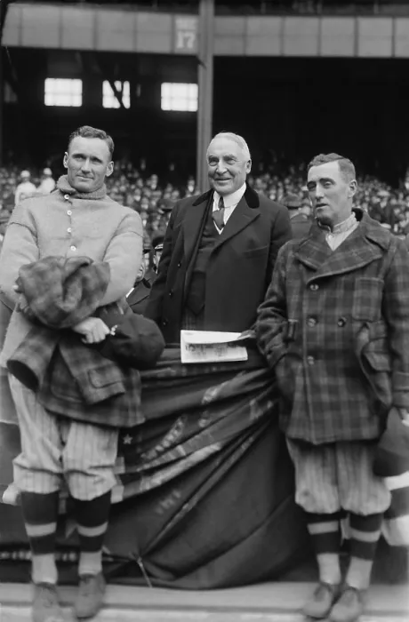 Framed Print : President Warren Harding poses with Baseball players, Leslie Bush and Walter Johnson (left). Yankee Stadium, New York City, April 24, 1923. (BSLOC_2015_15_49)
