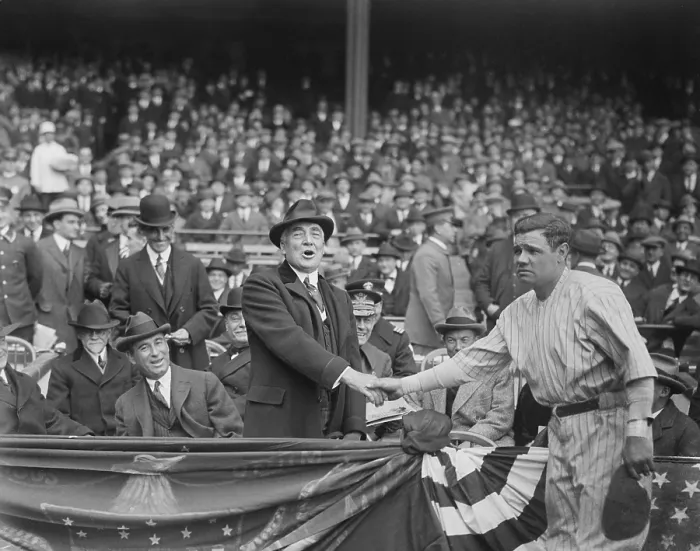 Framed Print : President Warren Harding shakes hands with Babe Ruth at Yankee Stadium, April 24, 1923. (BSLOC_2015_15_50) Framed Print : President Warren Harding shakes hands with Babe Ruth at Yankee Stadium, April 24, 1923. (BSLOC_2015_15_50)