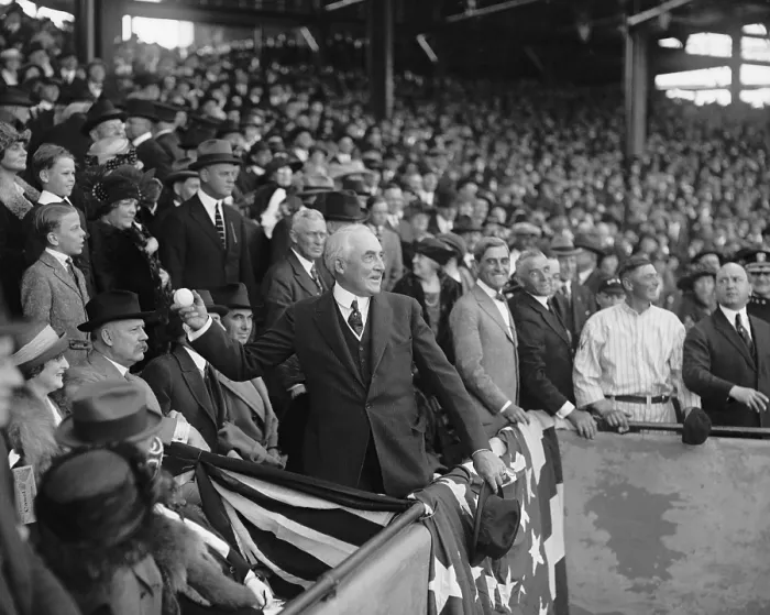 Framed Print : President Warren Harding throwing out the first base ball on opening day, 1922. Washington D.C. (BSLOC_2015_15_47)