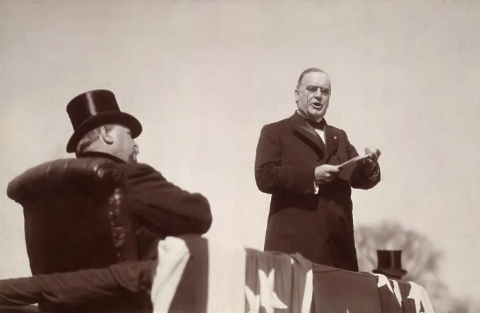 Framed Print : President William McKinley delivering his inaugural address on March 4, 1897. Outgoing President Grover Cleveland is seated at left (BSLOC_2016_14_146) Framed Print : President William McKinley delivering his inaugural address on March 4, 1897. Outgoing President Grover Cleveland is seated at left (BSLOC_2016_14_146)