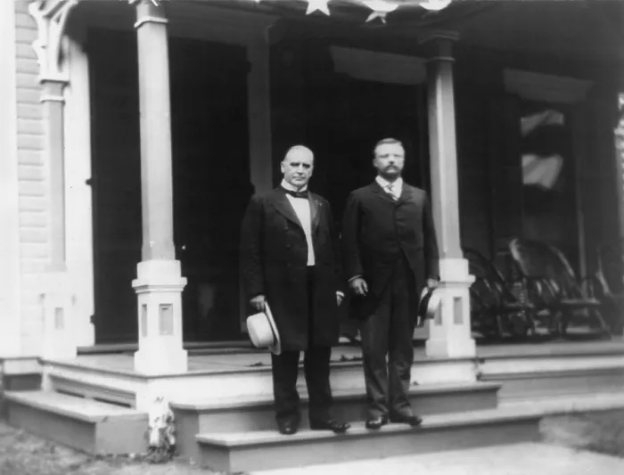 Framed Print : President William McKinley and NY Governor Theodore Roosevelt standing on step of porch