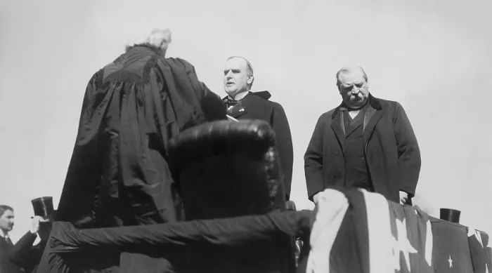 Framed Print : President William McKinley takes the oath of office from Chief Justice Melville Fuller