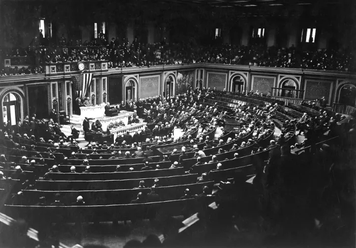 Framed Print : President Wilson reading the Armistice terms to Congress. World War I. Nov. 11, 1918