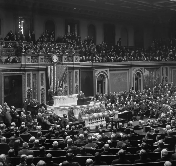 Framed Print : President Woodrow Wilson asking Congress for the authority to arm merchant ships, Feb. 26, 1916. He also requested a credit to provide shipping insurance against the war damages Framed Print : President Woodrow Wilson asking Congress for the authority to arm merchant ships, Feb. 26, 1916. He also requested a credit to provide shipping insurance against the war damages