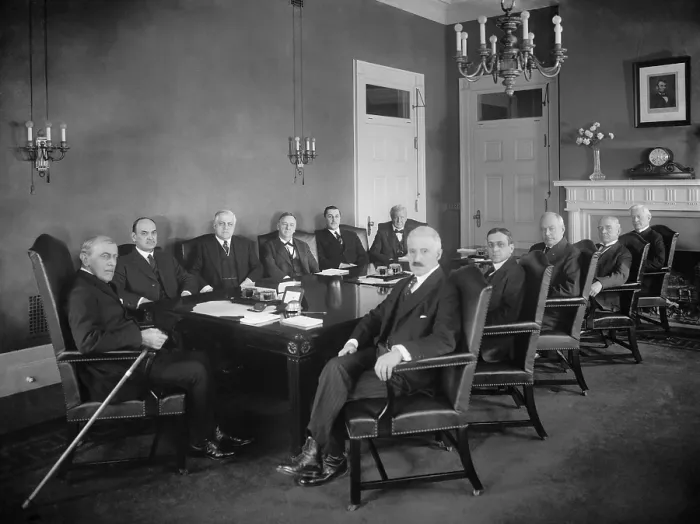 Framed Print : President Woodrow Wilson, with his Cabinet, at the end of his Presidency, c. 1920-1921. L-R: President Wilson; David Houston, Treasury; A
