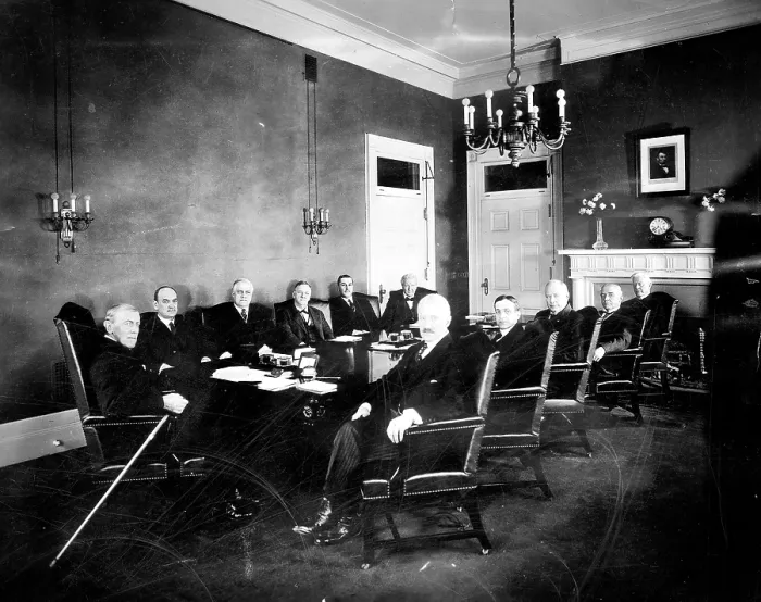 Framed Print : President Woodrow Wilson (left), and his cabinet (l-r): David F. Houston, A. Mitchell Palmer, Josephus Daniels, Edwin T. Meredith, William B. Wilson, Bainbridge Colby, Newton D