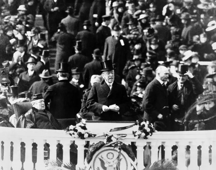 Framed Print : President Woodrow Wilson with speech in hand, delivering his inaugural address, March 5, 1917 (BSLOC_2016_11_41)