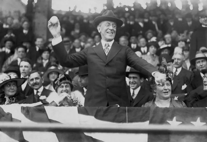 Framed Print : President Woodrow Wilson throwing out the first ball, on opening day of the 1916 baseball season