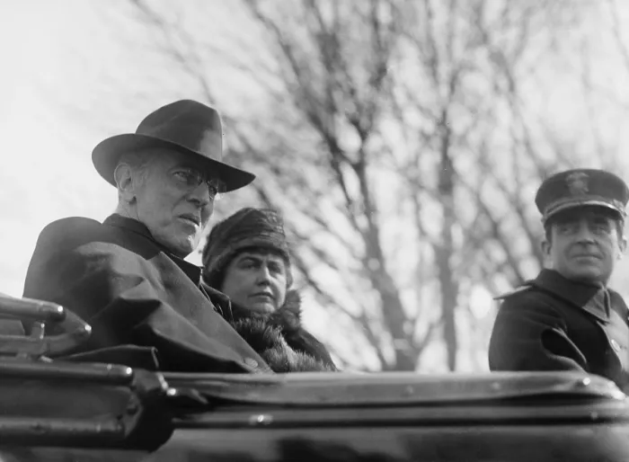 Framed Print : President Woodrow Wilson and wife Edith during an automobile ride accompanied by Adm. Cary Grayson, Wilsons personal physician