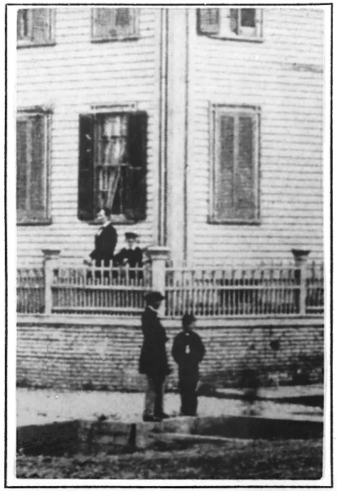 Framed Print : Presidential candidate Abraham Lincoln standing on the terrace of his Springfield, Illinois, home, with his sons Willie and Tad. Summer 1860