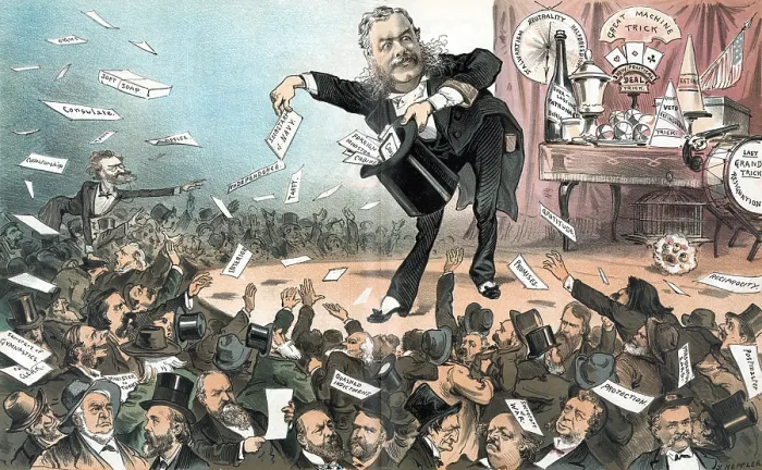 Framed Print : A presidential conjuror'. Chester Arthur, on stage, throwing out titles of political offices, soft soap, promises, etc. to crowd of men Framed Print : A presidential conjuror'. Chester Arthur, on stage, throwing out titles of political offices, soft soap, promises, etc. to crowd of men