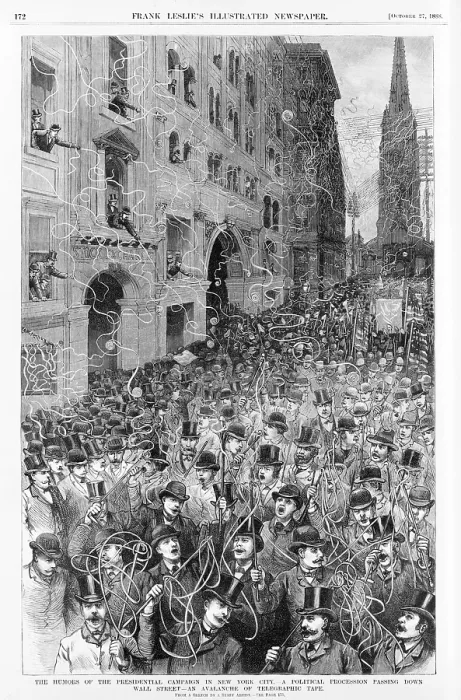 Framed Print : Presidential election of 1888. A political procession passing down Wall Street--an avalanche of telegraphic tape. New York City, 1888