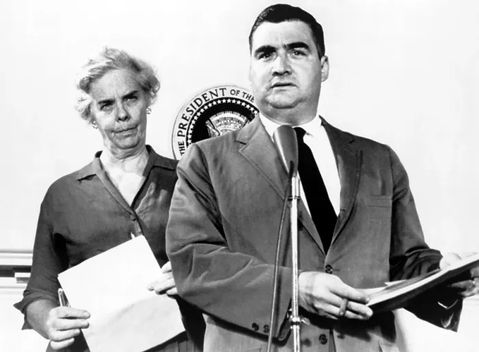 Framed Print : Presidential press secretary Pierre Salinger and Dr. Janet Travell reporting on President Kennedy's health in June 1961 Framed Print : Presidential press secretary Pierre Salinger and Dr. Janet Travell reporting on President Kennedy's health in June 1961