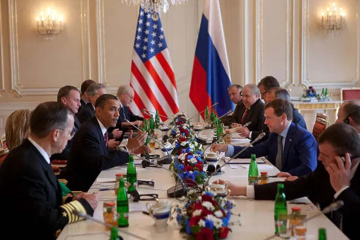 Framed Print : Presidents Barack Obama and Dmitry Medvedev of Russia meeting in Prague Castle. Czech Republic, April 8, 2010 (BSLOC_2015_3_195)