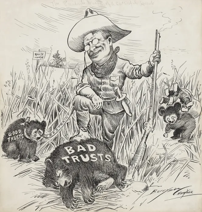 Framed Print : THE PRESIDENTS DREAM OF A SUCCESSFUL HUNT, 1907 cartoon by Clifford Berryman. TR has the good trusts leashed and has killed the bad trusts (BSLOC_2017_8_80)