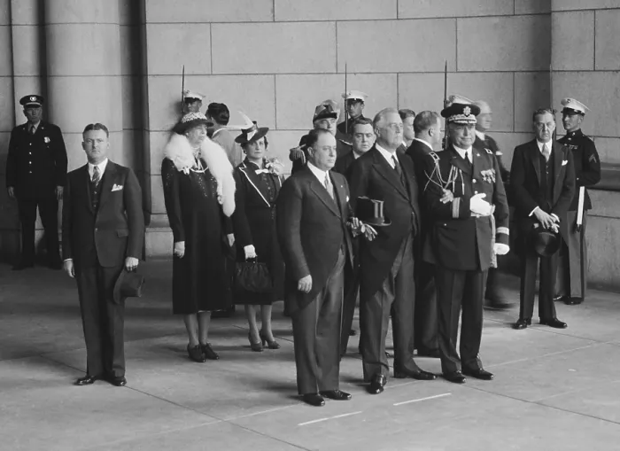 Framed Print : Presidents Franklin Roosevelt and Anastasio Somoza of Nicaragua. Group stands at attention during 21-gun salute in Somoza's honor, May 5, 1939