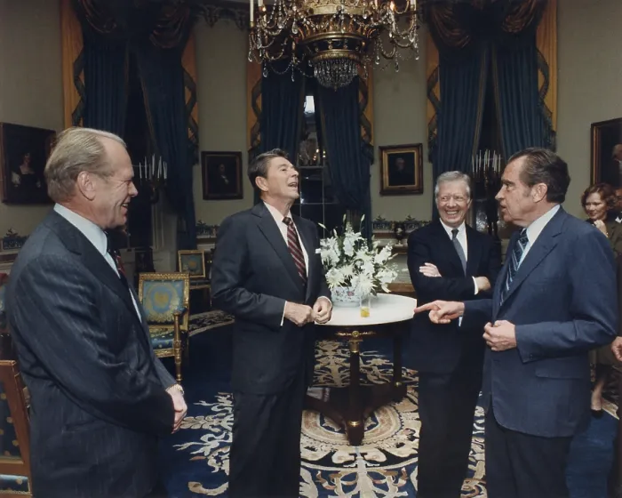 Framed Print : Four Presidents, Gerald Ford, Ronald Reagan, Jimmy Carter, Richard Nixon in the Blue Room prior to leaving for Egypt and Sadat's Funeral. October 8 1981