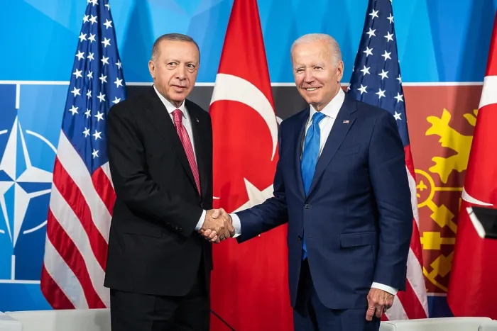 Framed Print : Presidents Joe Biden and Recep Tayyip Erdogan of Turkey shake hands at their bilateral meeting at the NATO Summit, June 29, 2022, Madrid, Spain