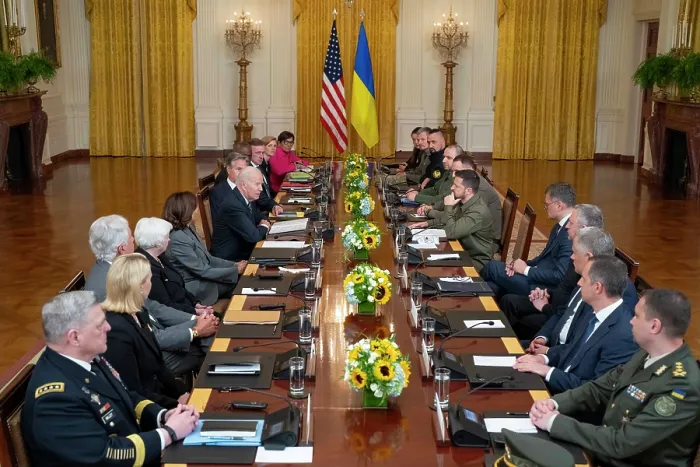 Framed Print : Presidents Joe Biden and Ukrainian Volodymyr Zelenskyy, meet with high ranking military and civilian officials